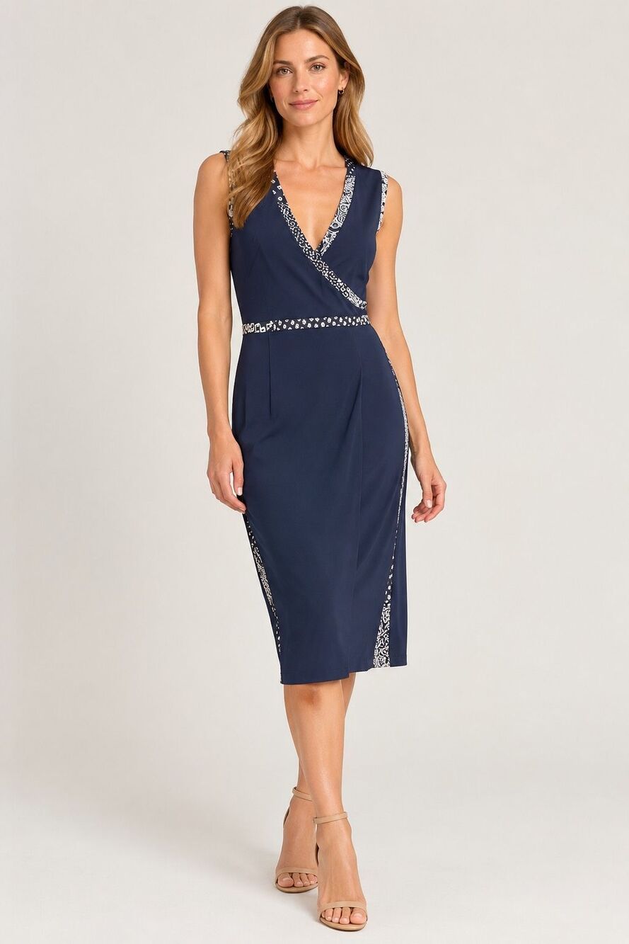 Diane von Furstenberg DVF Navy Mixed Print Faux Wrap Sheath Midi Dress M